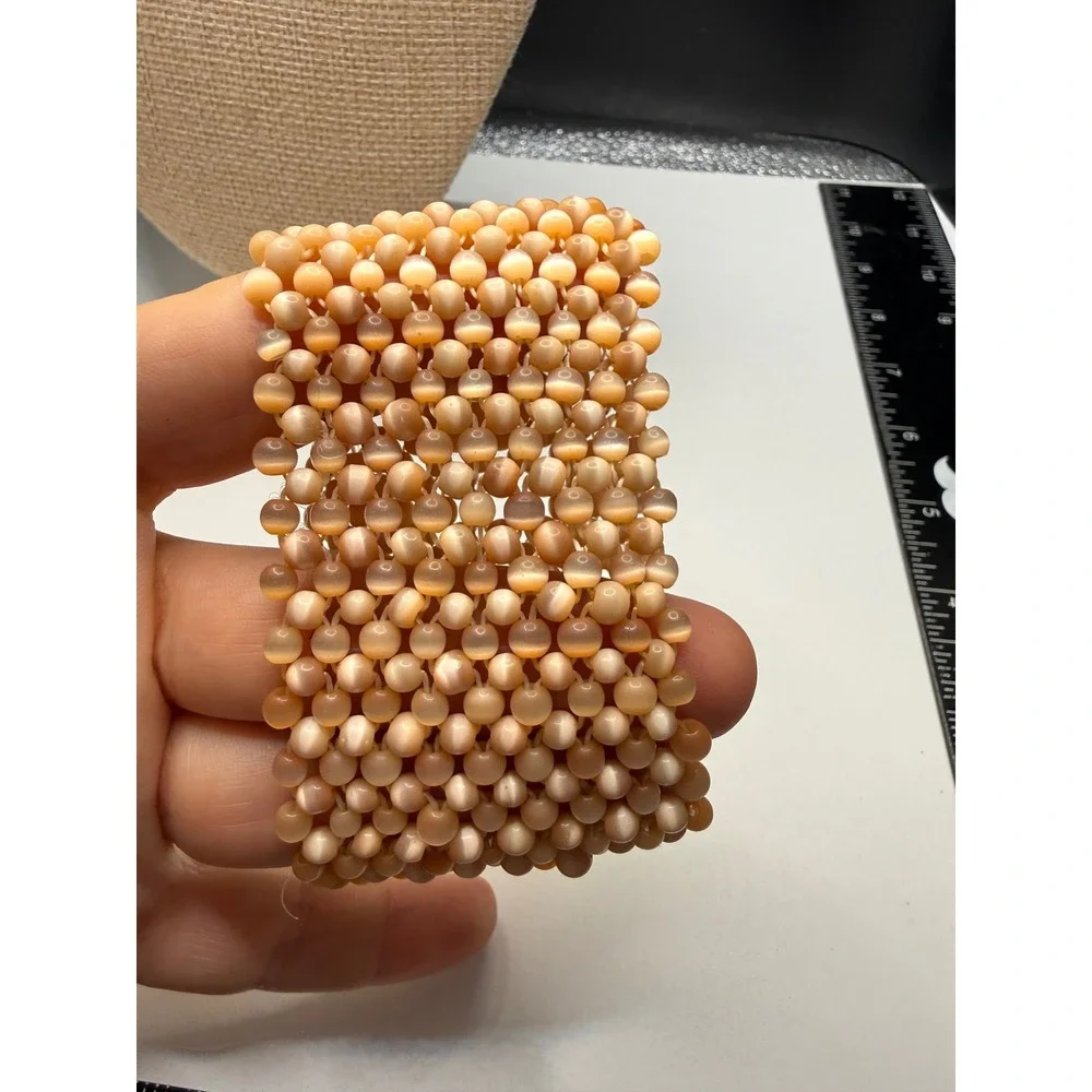 Peach Cat Eye Fiber‎ Optic Beaded Stretch Cuff Bracelet Wide Statement Boho Pink